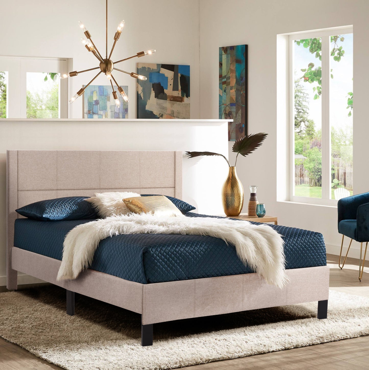 DOUBLE BED WITH MATTRESS TRILLOP HM10763.03 BEIGE FABRIC--FOR 160X200cm.