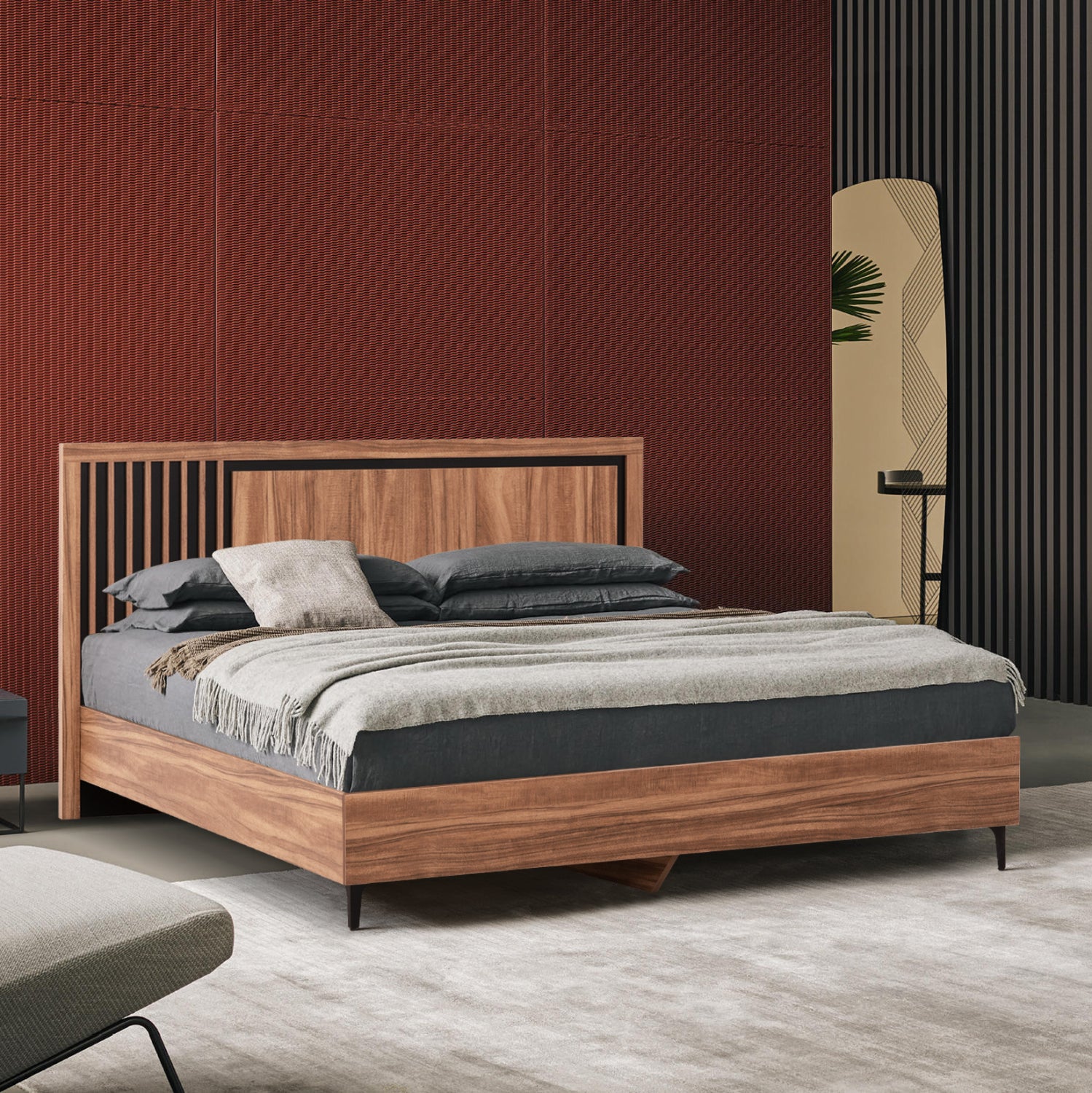 DOUBLE BED WITH MATTRESS HARRY HM10808.01 MELAMINE IN NATURAL WOOD COLOR & BLACK--FOR 160x200cm