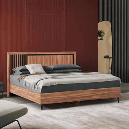 DOUBLE BED WITH MATTRESS HARRY HM10808.01 MELAMINE IN NATURAL WOOD COLOR & BLACK--FOR 160x200cm
