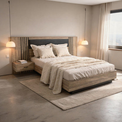 DOUBLE BED WITH MATTRESS HARRY HM10914.01 MELAMINE IN NATURAL WOOD COLOR & BLACK--FOR 160x200cm