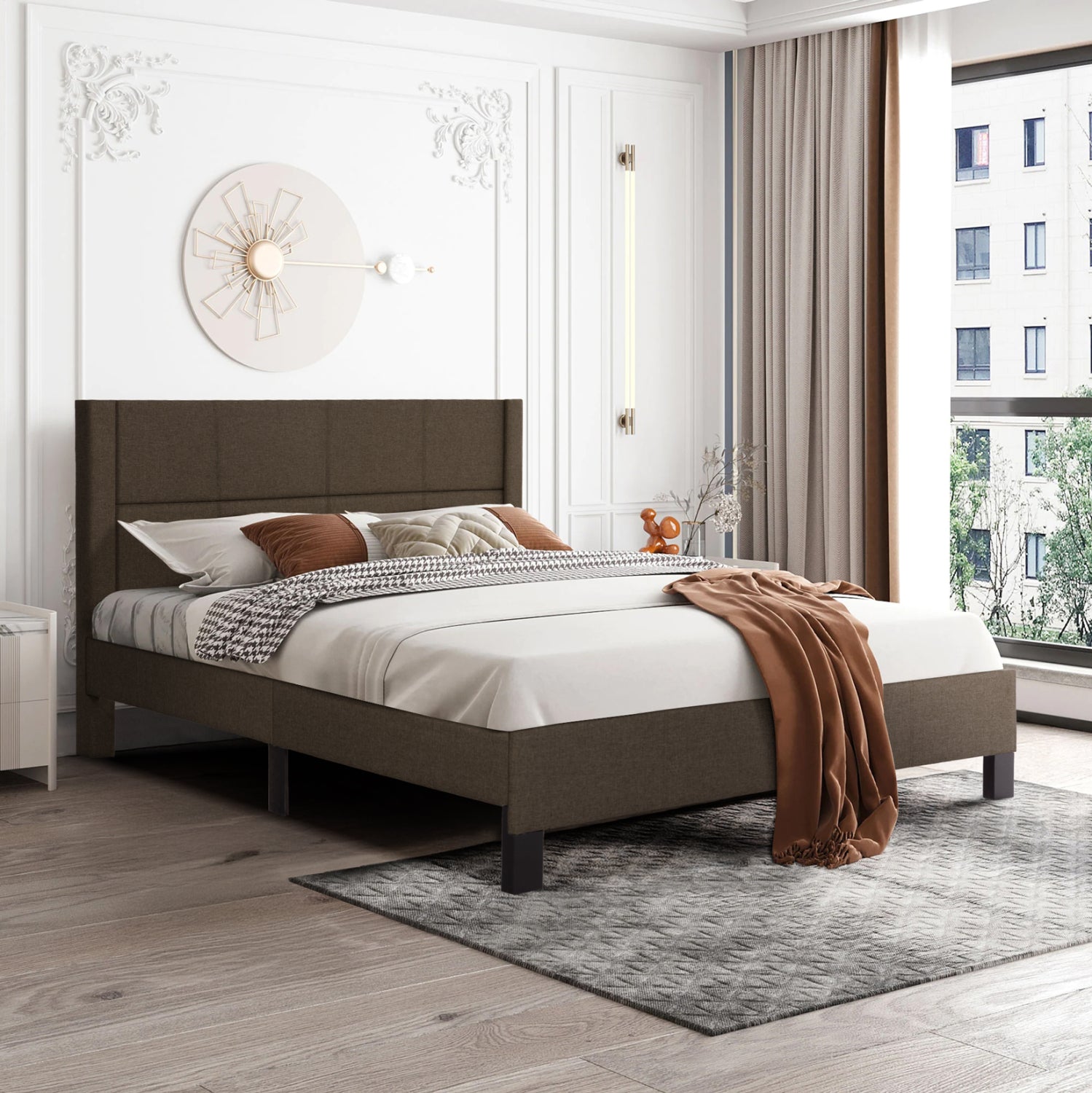 DOUBLE BED WITH MATTRESS TRILLOP HM21202.13 BROWN FABRIC--FOR 160X200cm.
