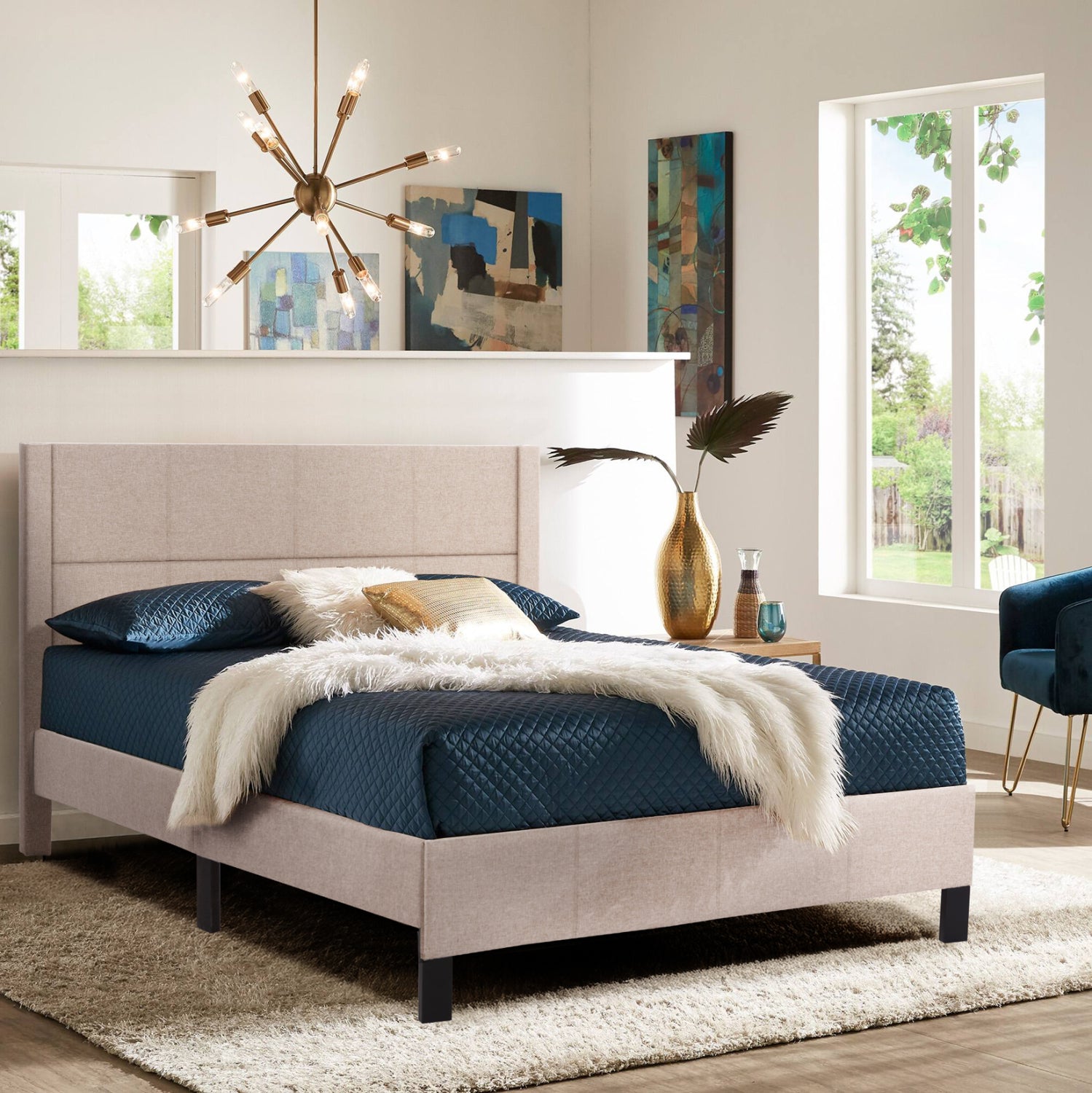 DOUBLE BED WITH MATTRESS TRILLOP HM21202.15 BEIGE FABRIC--FOR 160X200cm.