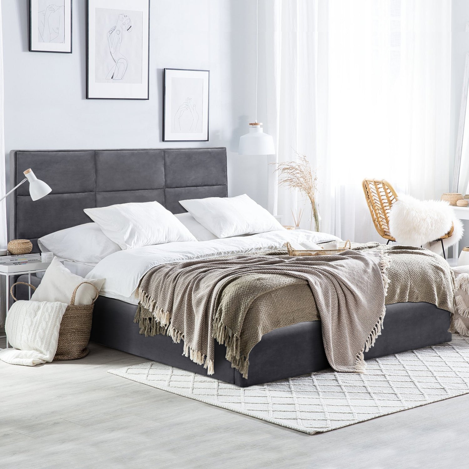 DOUBLE BED WITH MATTRESS BRILEY HM21272.01 GREY VELVET WITH STORAGE SPACE--FOR 160x200cm
