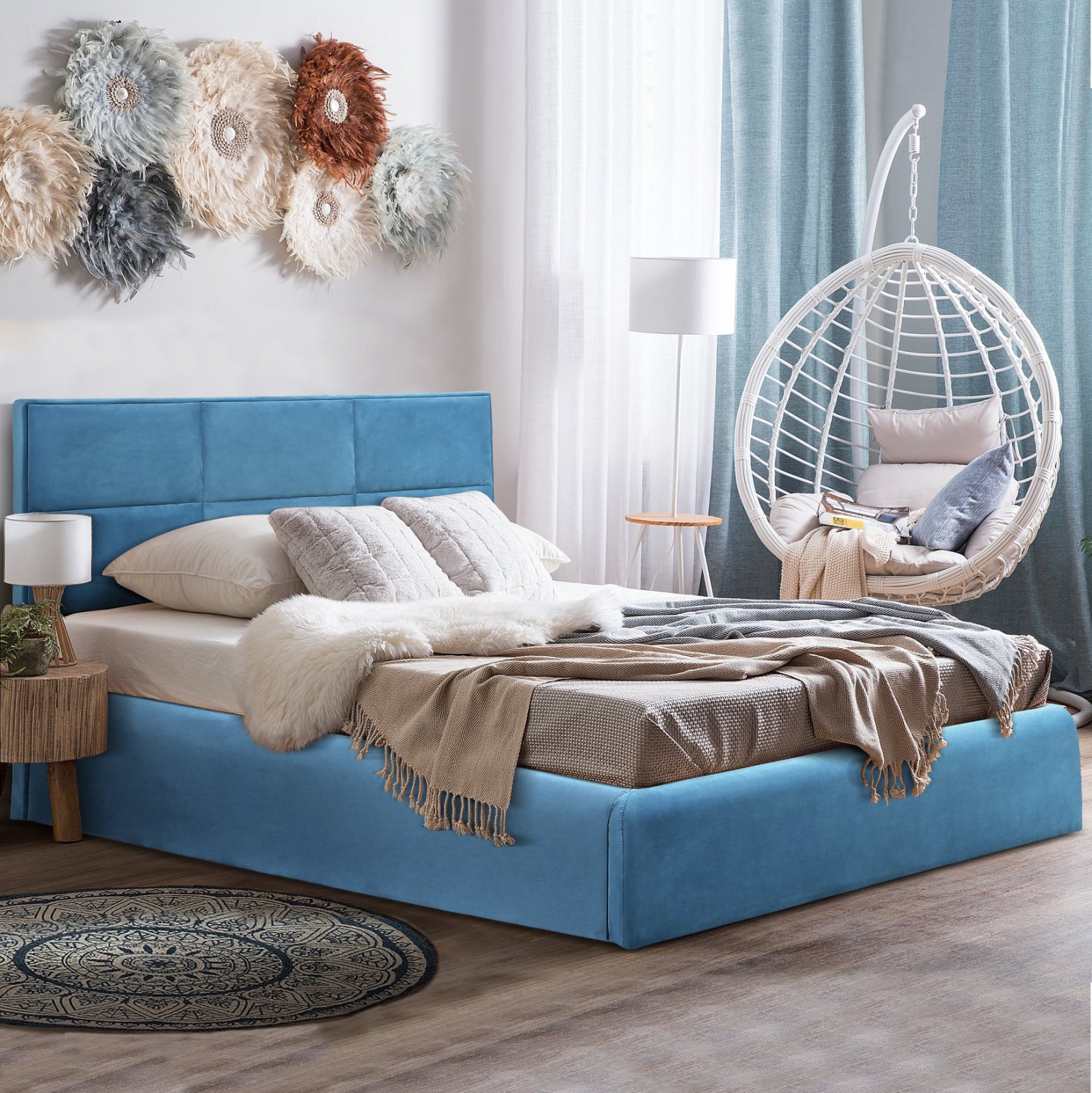 DOUBLE BED WITH MATTRESS BRILEY HM21272.04 ROYAL BLUE VELVET WITH STORAGE SPACE--FOR 160x200cm