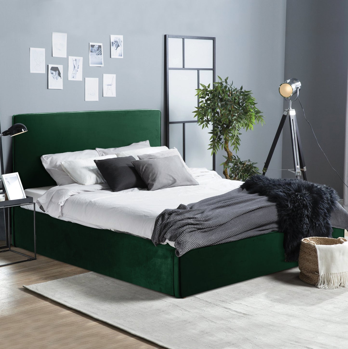 DOUBLE BED WITH MATTRESS ALLIE HM21273.03 CYPRESS GREEN VELVET WITH STORAGE SPACE--FOR 160x200cm.