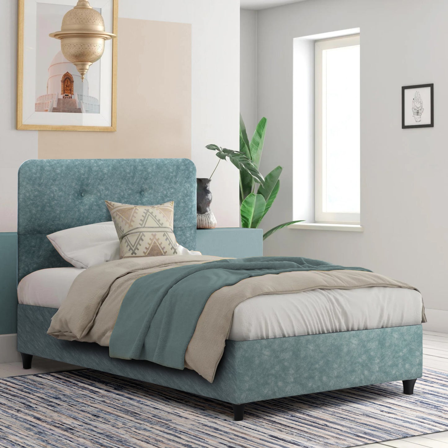 SEMI-DOUBLE BED WITH MATTRESS DOLORES HM10746.04 t.NUBUCK FABRIC IN LIGHT GREEN--FOR 120x200cm.