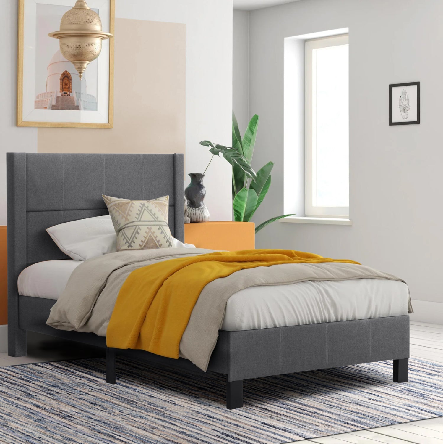 SEMI-DOUBLE BED WITH MATTRESS TRILLOP HM10757.01 GREY FABRIC--FOR 120X200cm.