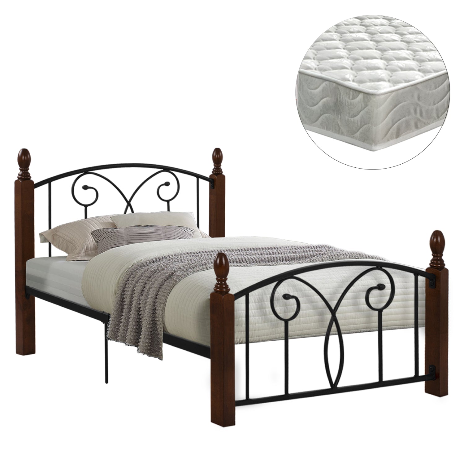 SEMI-DOUBLE BED WITH MATTRESS SUZIE HM21333 METAL & WOOD IN WALNUT--MATTRESS 110x190cm