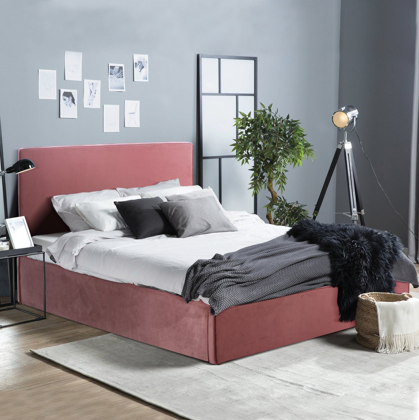 BED WITH MATTRESS & STORAGE SPACE ALLIE HM10805.12 DUSTY PINK VELVET--MATTRESS 160Χ200cm