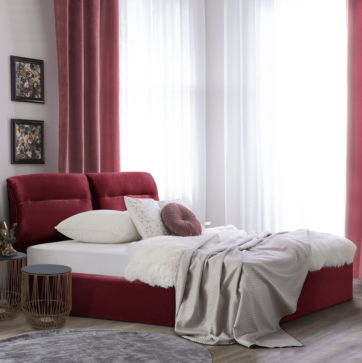 BED WITH MATTRESS & STORAGE SPACE KENDRA HM10809.06 BURGUNDY RED VELVET--FOR MATTRESS 160x200cm.