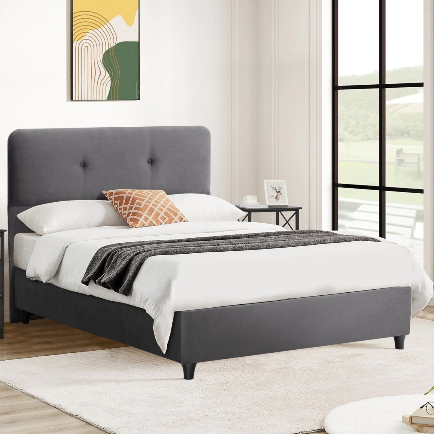 SEMI-DOUBLE BED WITH MATTRESS DOLORES HM10746.01 VELVET IN GREY--FOR 120x200cm.