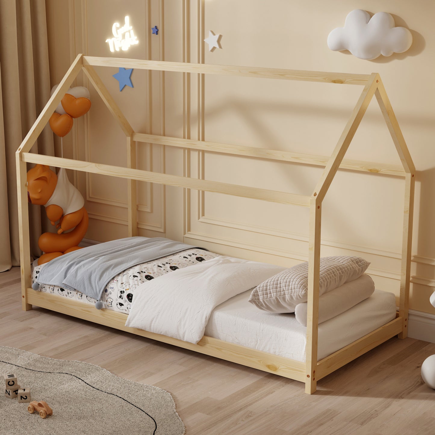 BED FOR KIDS PEPE HM677.01 t.MONTESSORI SOLID PINE WOOD IN NATURAL- 190x90cm.