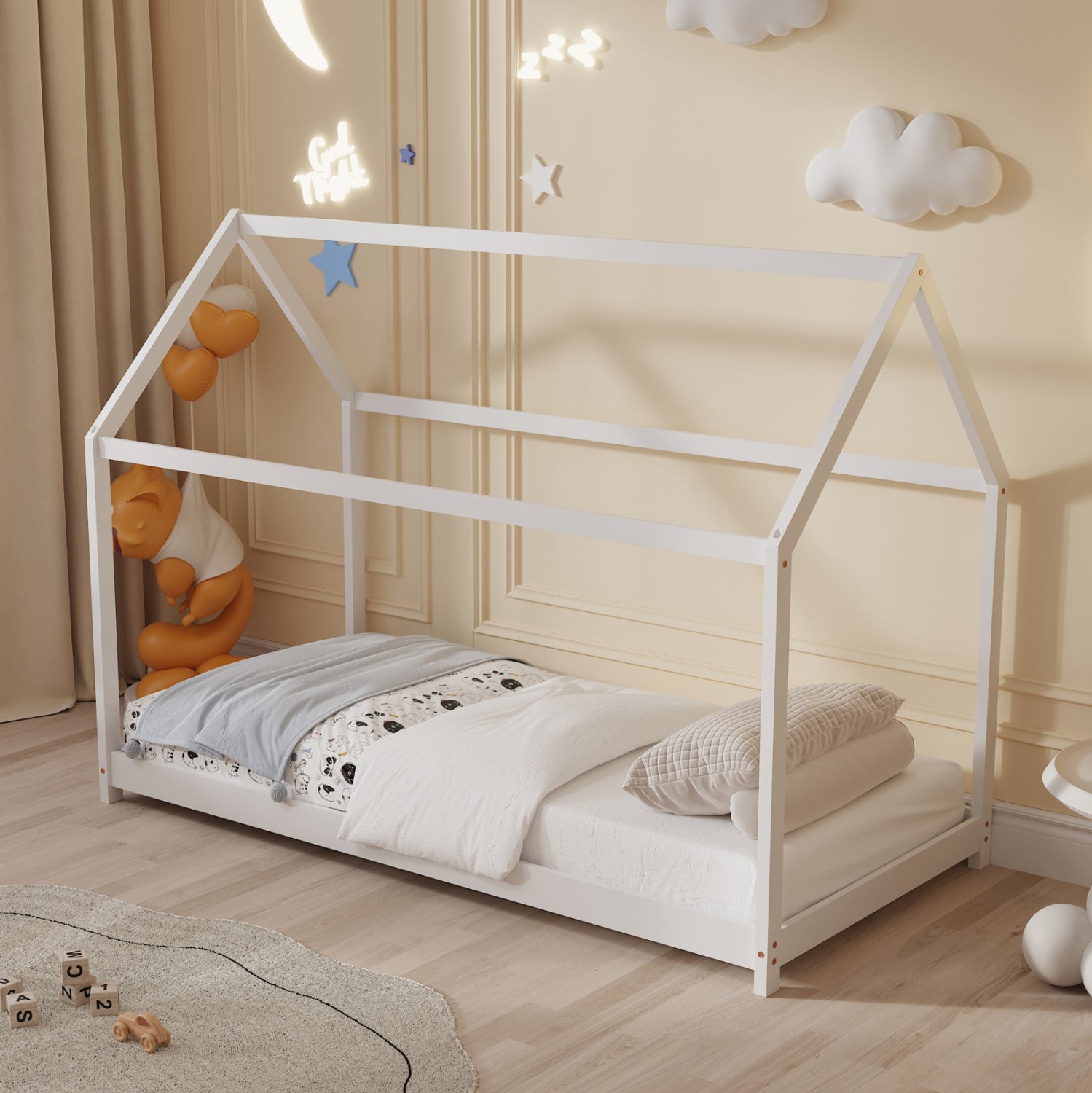 BED FOR KIDS PEPE HM677.03 t.MONTESSORI SOLID PINE WOOD IN WHITE- 190x90cm.