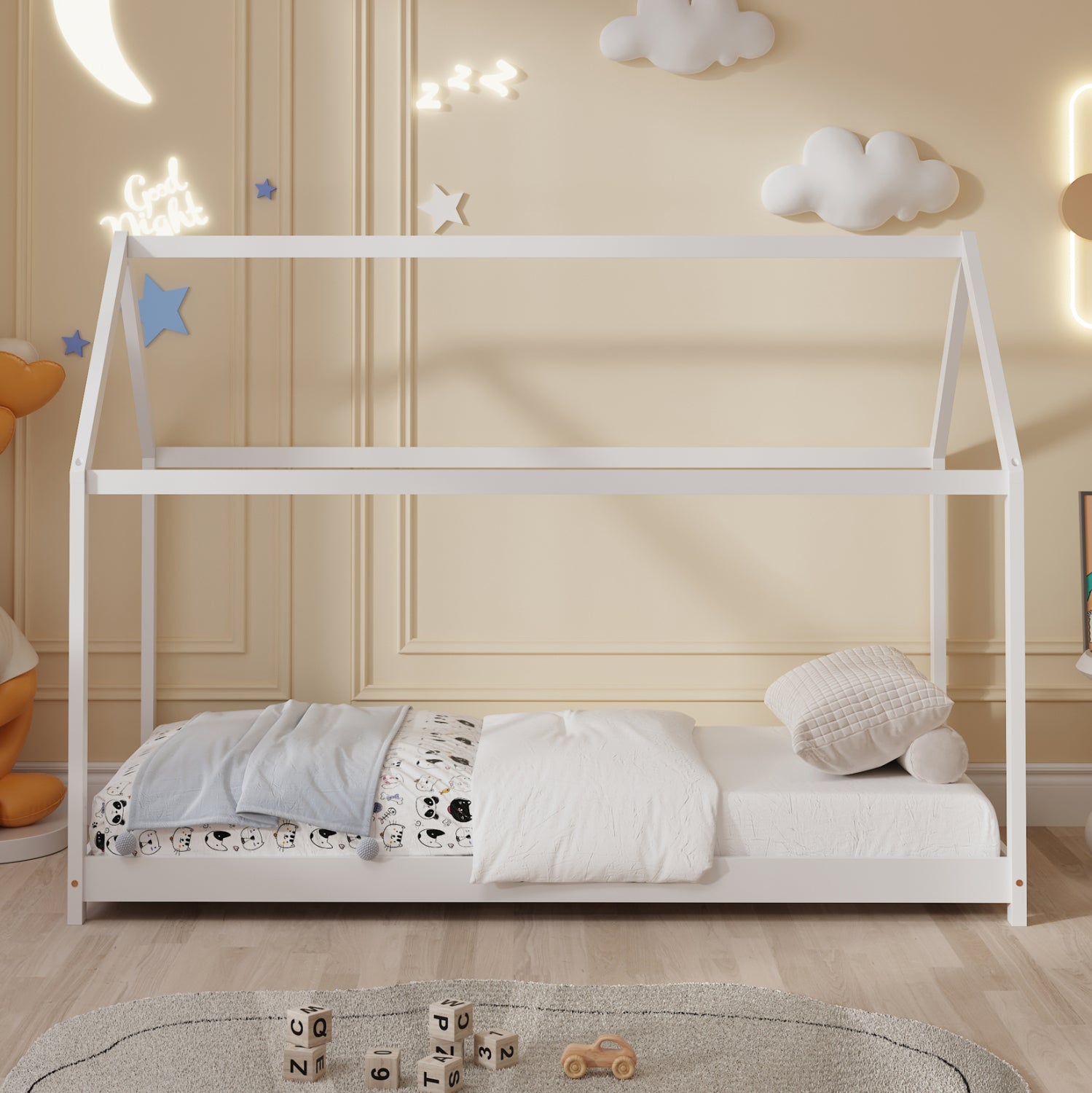 BED FOR KIDS PEPE HM677.03 t.MONTESSORI SOLID PINE WOOD IN WHITE- 190x90cm.