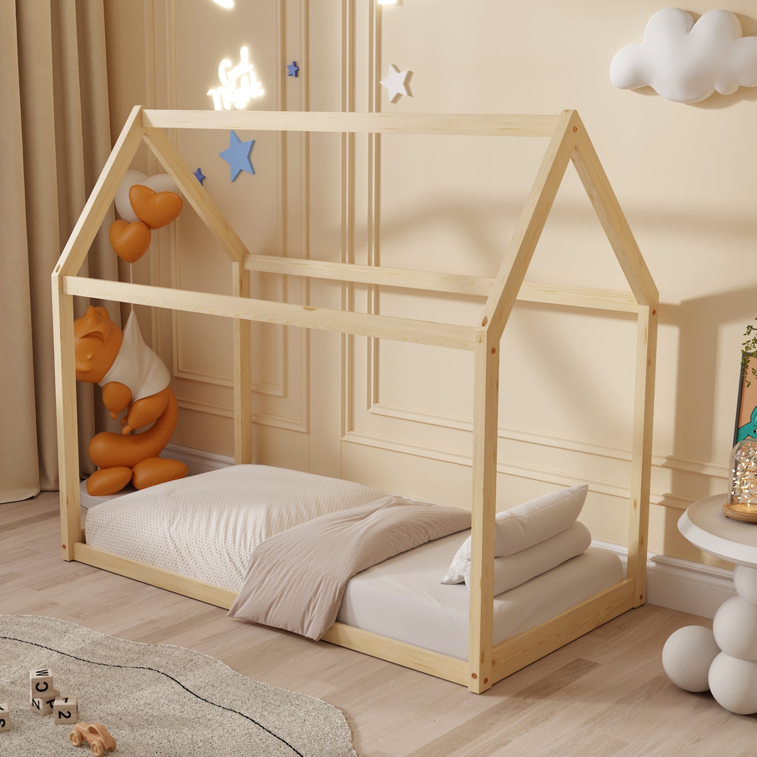 BED FOR KIDS PEPE HM678.01 t.MONTESSORI SOLID PINE WOOD IN NATURAL- 140x70cm.