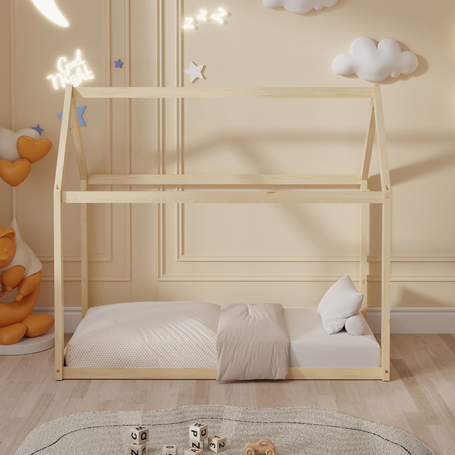 BED FOR KIDS PEPE HM678.01 t.MONTESSORI SOLID PINE WOOD IN NATURAL- 140x70cm.