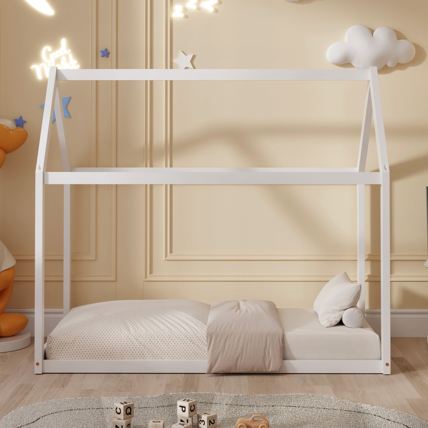 BED FOR KIDS PEPE HM678.03 t.MONTESSORI SOLID PINE WOOD IN WHITE- 140x70cm.