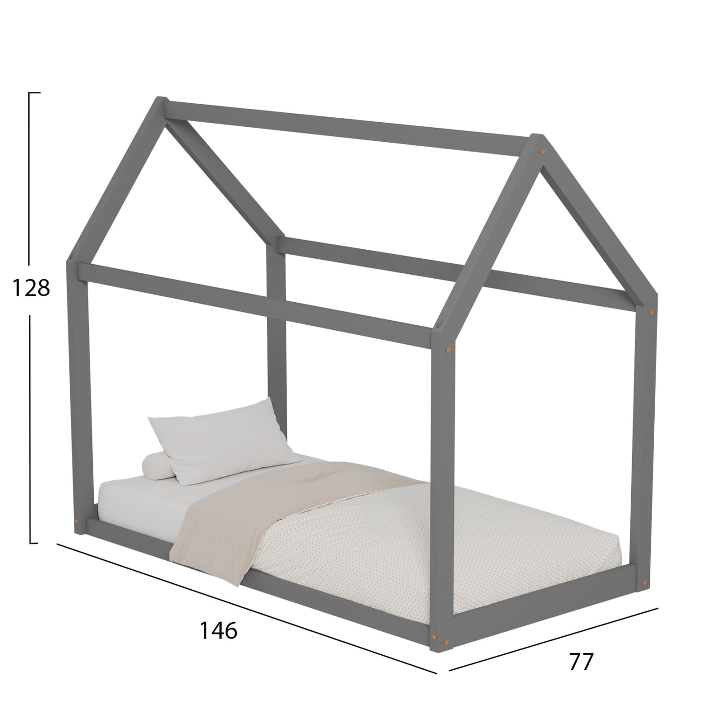 BED FOR KIDS PEPE HM678.05 t.MONTESSORI SOLID PINE WOOD IN GREY- 140x70cm.