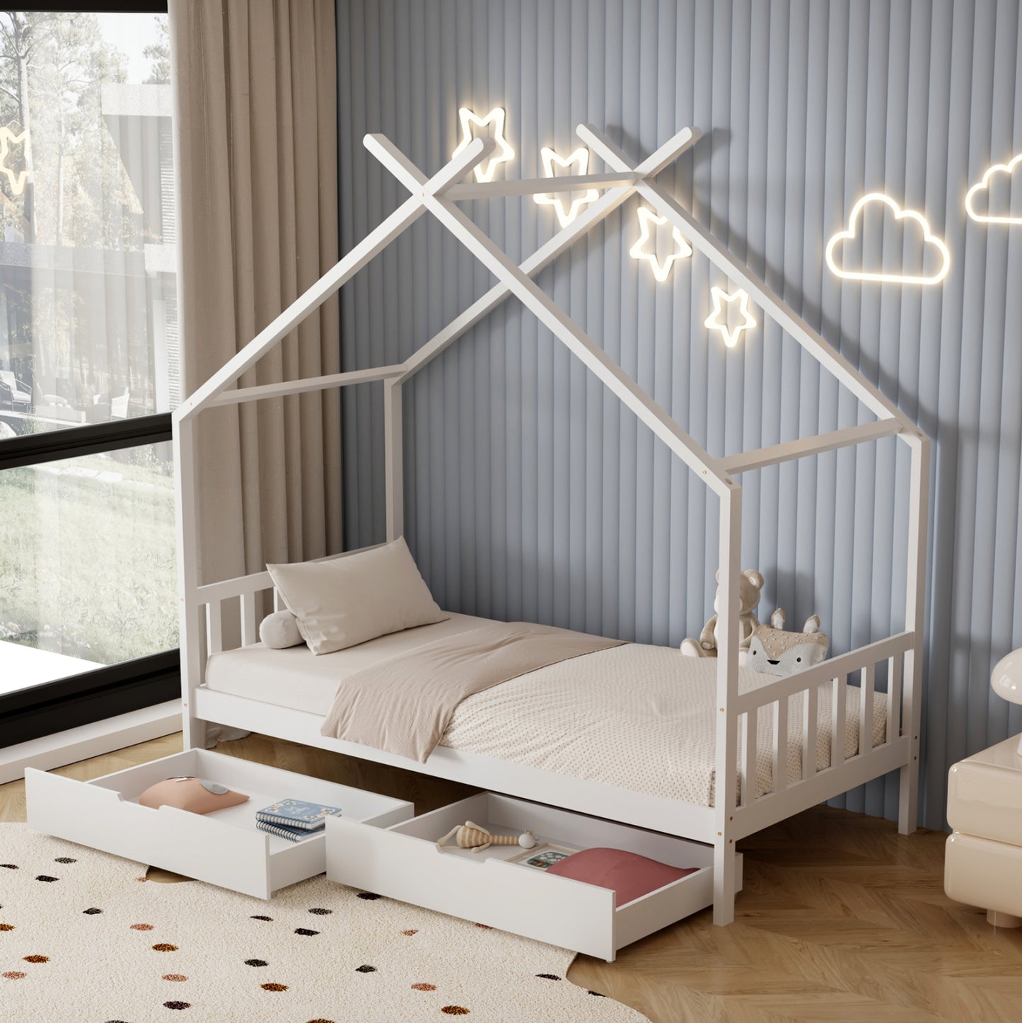 BED FOR KIDS KLARICE HM680.03 t.MONTESSORI-2 DRAWERS- SOLID PINE WOOD IN WHITE- 190x90cm.