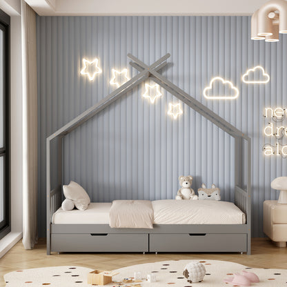 BED FOR KIDS KLARICE HM680.05 t.MONTESSORI-2 DRAWERS- SOLID PINE WOOD IN GREY- 190x90cm.