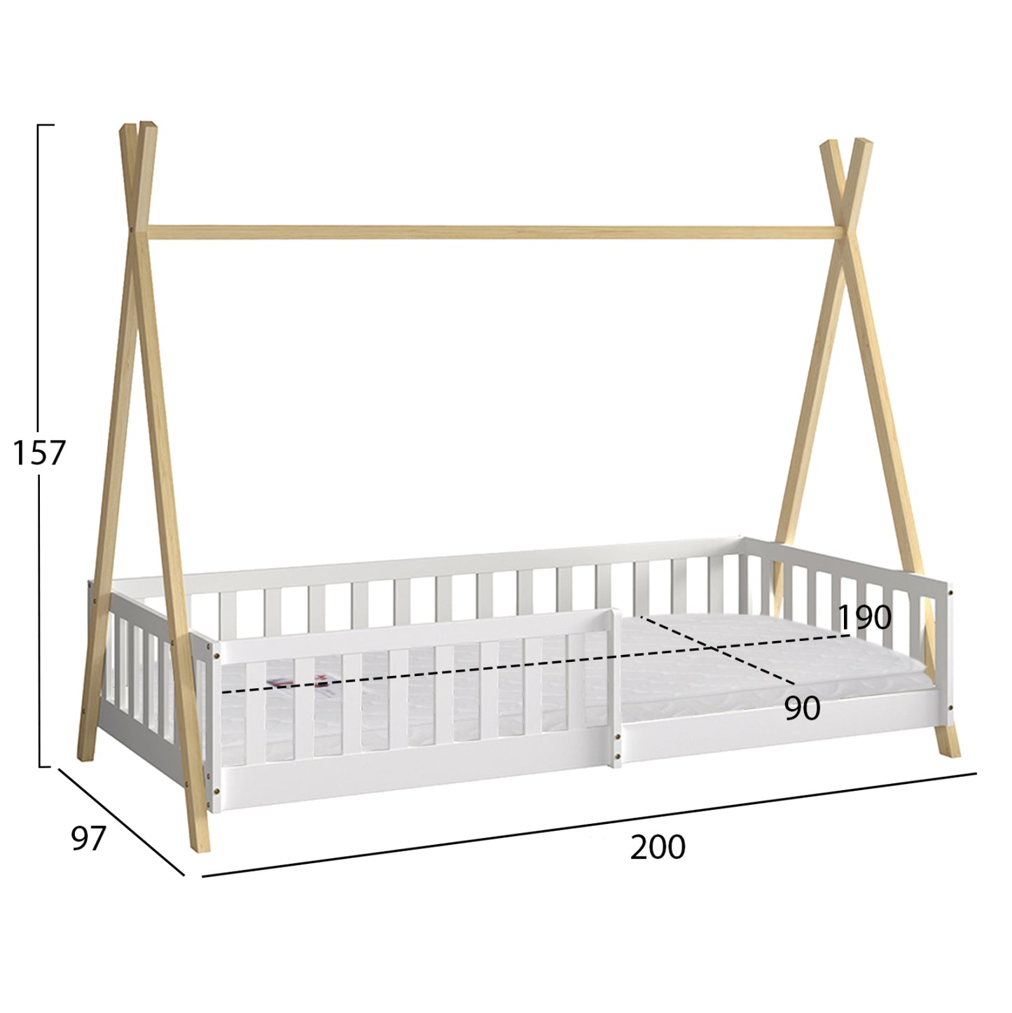 BED WITH RAILINGS MUNK HM21325 PINE WOOD IN NATURAL WOOD/WHITE COLOR--WITH MATTRESS 90x190cm