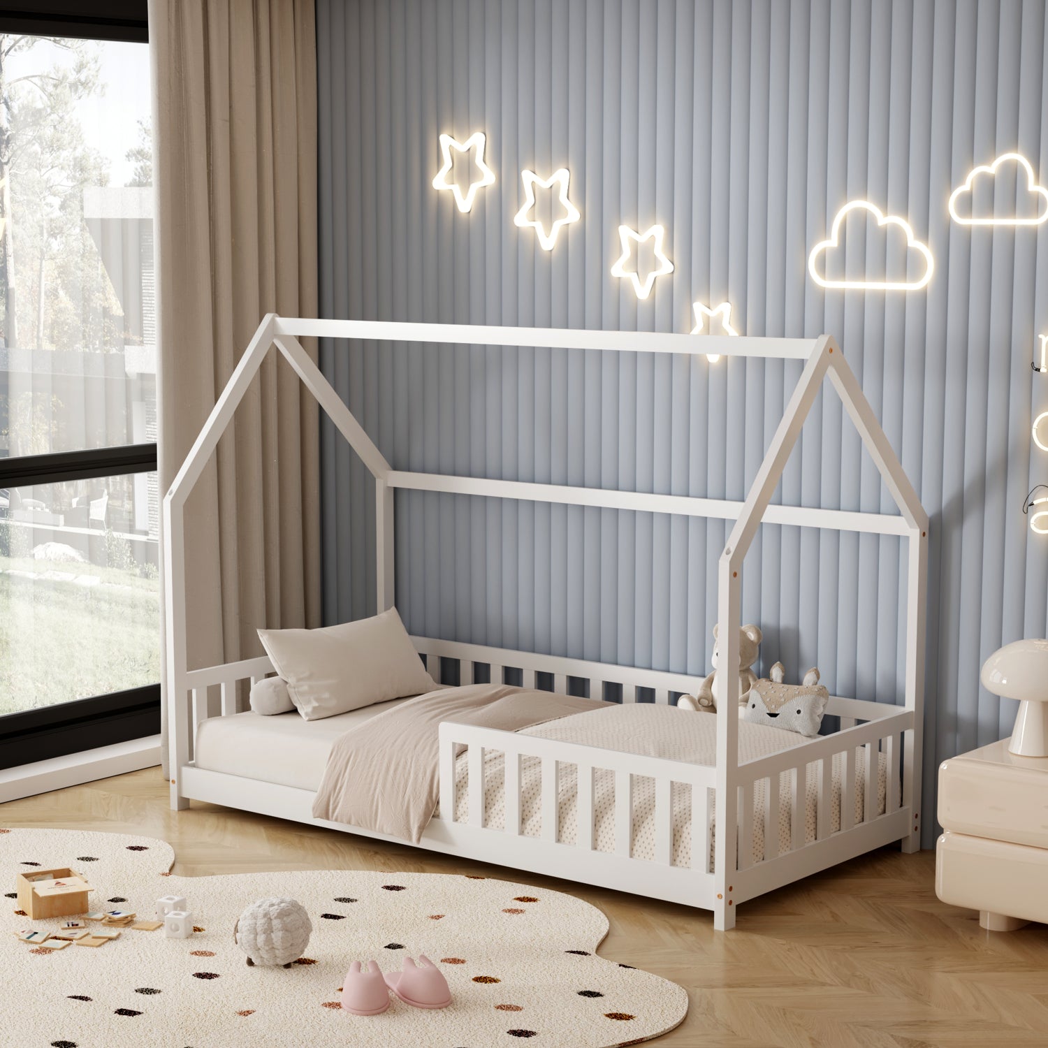 BED WITH MATTRESS PHYLLIS HM10753.02 PINE WOOD IN WHITE--MATTRESS 90x190cm