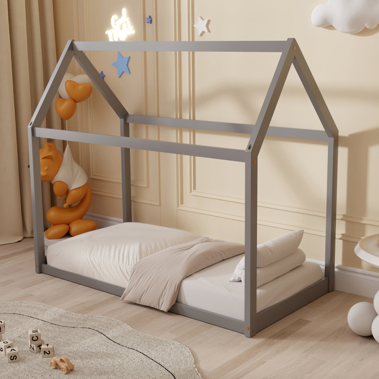 BED WITH MATTRESS PEPE HM21303.02 PINE WOOD IN GREY COLOR--MATTRESS 70x140cm