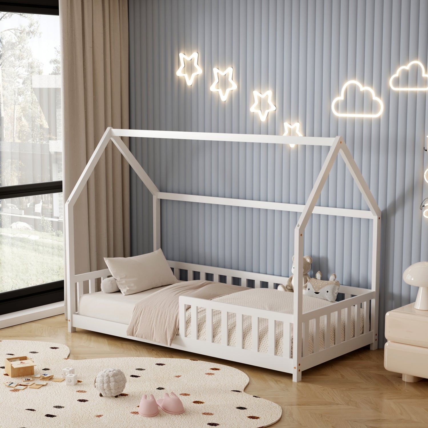 BED WITH MATTRESS PHYLLIS HM21304.01 PINE WOOD IN WHITE COLOR--MATTRESS 90x190cm