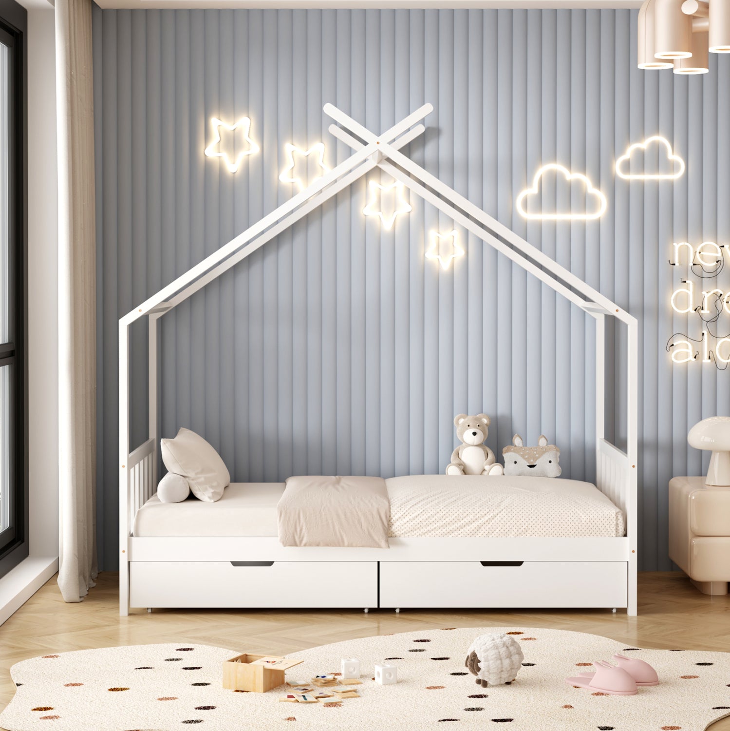 BED WITH MATTRESS KLARICE HM21305.01 PINE WOOD IN WHITE COLOR--MATTRESS 90x190cm