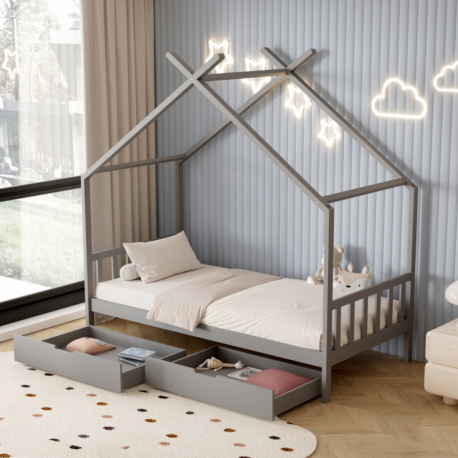 BED WITH MATTRESS KLARICE HM21305.02 PINE WOOD IN GREY COLOR--MATTRESS 90x190cm