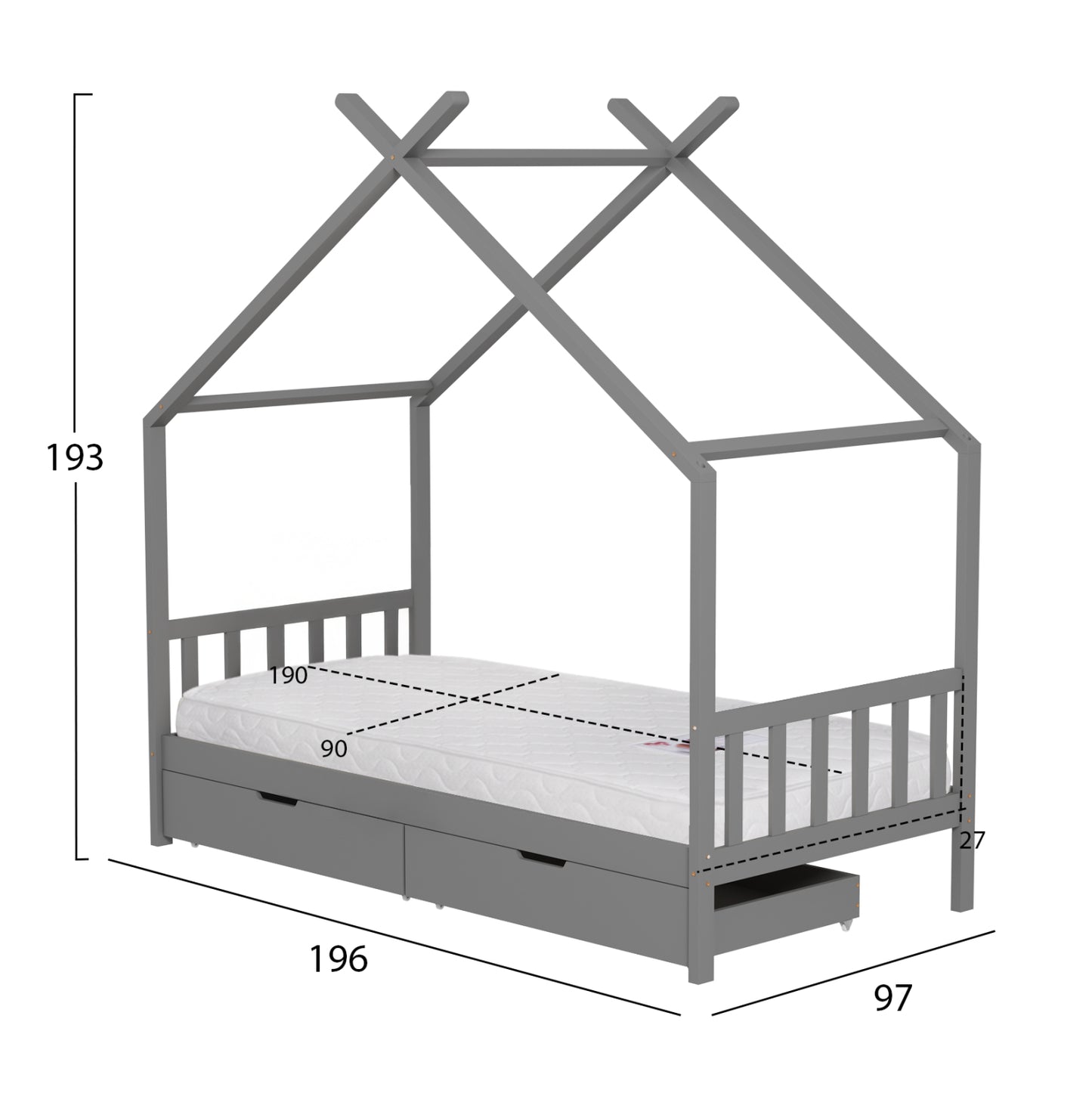 BED WITH MATTRESS KLARICE HM21305.02 PINE WOOD IN GREY COLOR--MATTRESS 90x190cm
