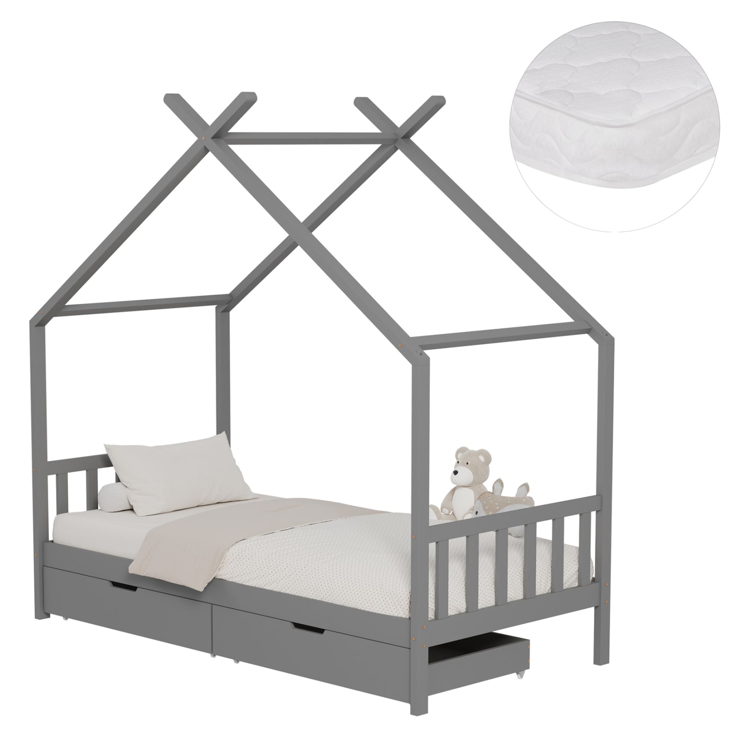 BED WITH MATTRESS KLARICE HM21305.02 PINE WOOD IN GREY COLOR--MATTRESS 90x190cm