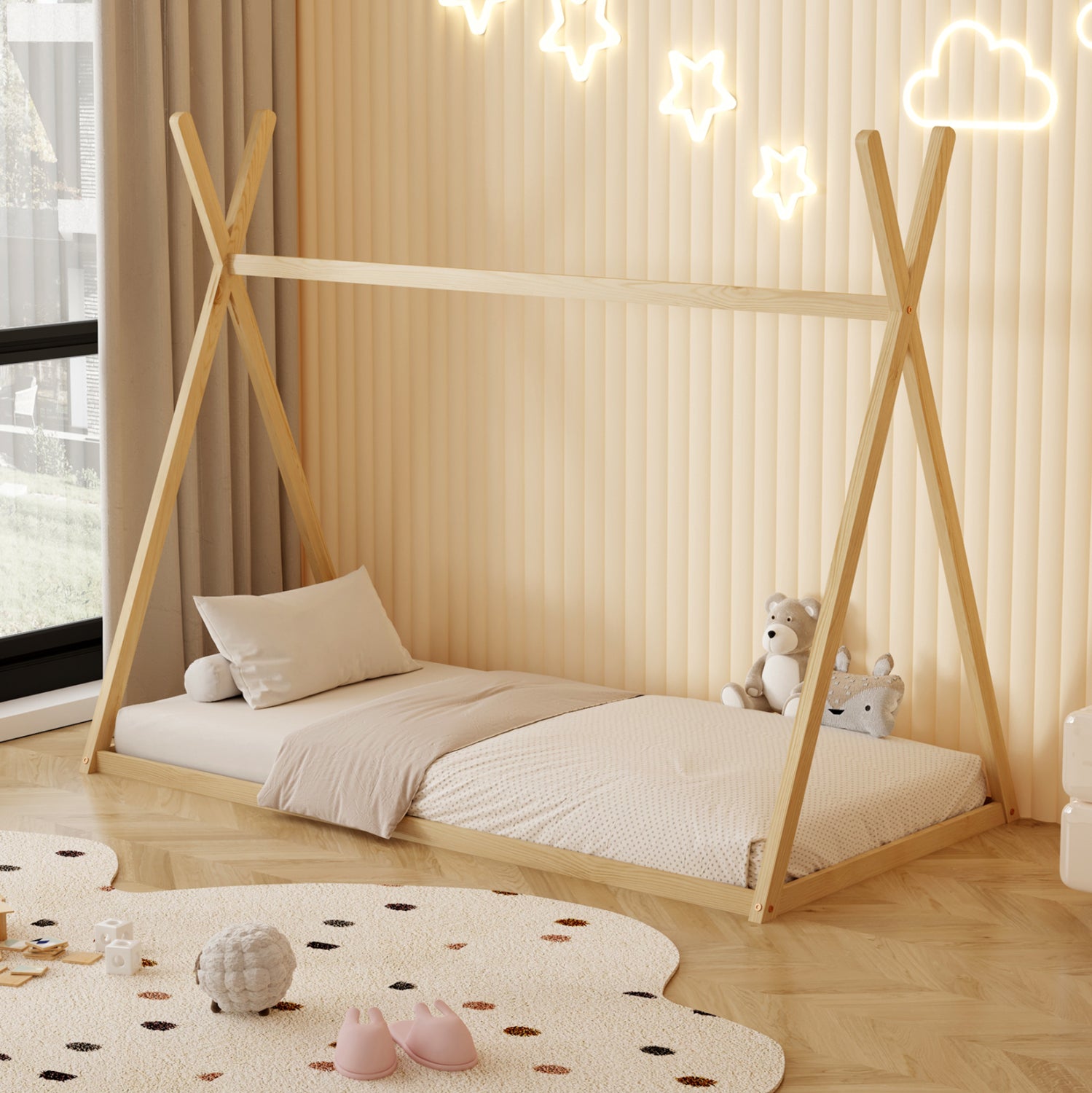 BED WITH MATTRESS MUNK HM21306 PINE WOOD IN NATURAL WOOD COLOR--MATTRESS 90x190cm
