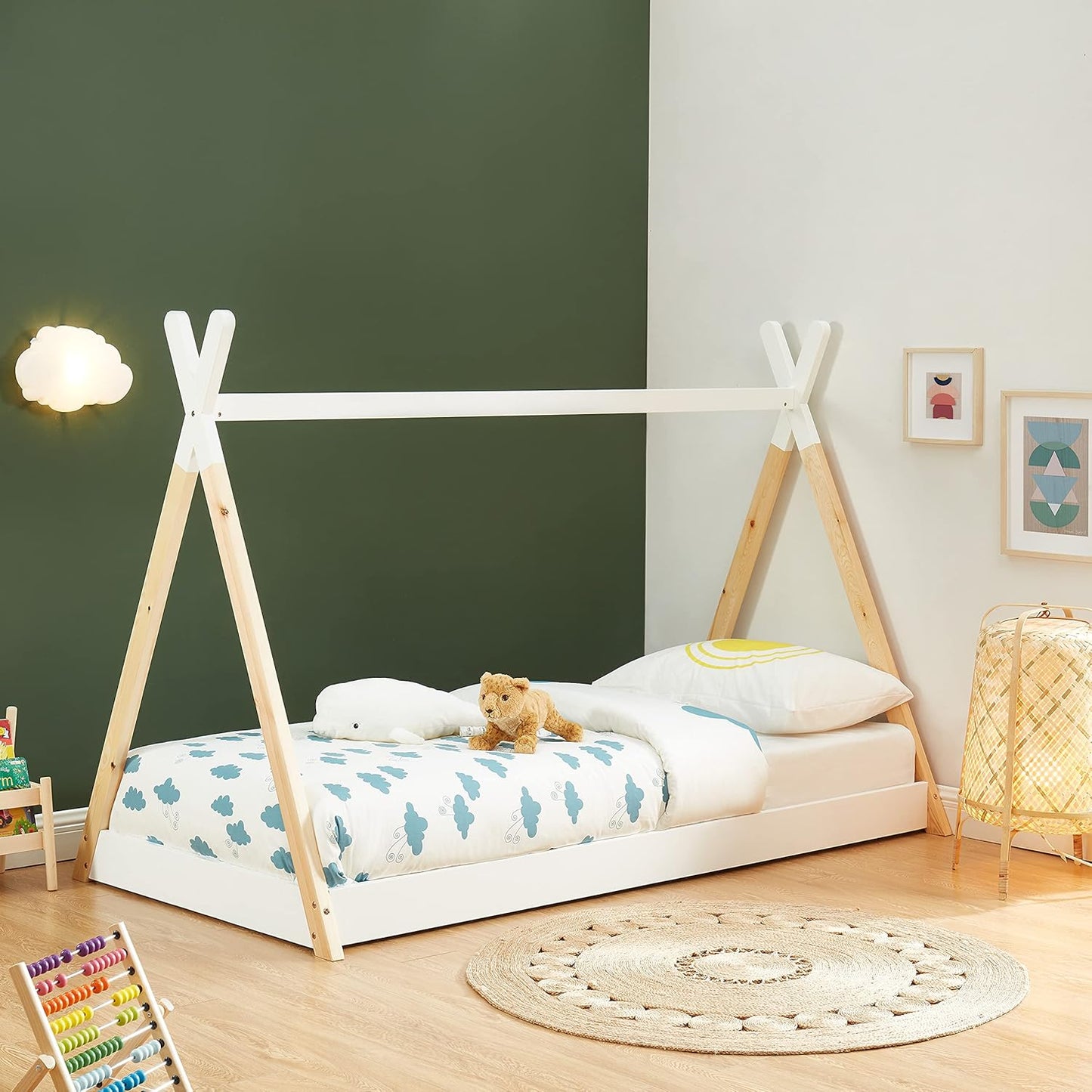 BED WITH MATTRESS MUNK HM21308 PINE WOOD IN NATURAL & WHITE--MATTRESS 90x190cm