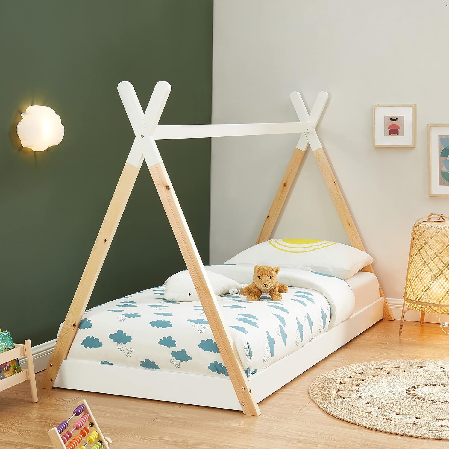 BED WITH MATTRESS MUNK HM21308 PINE WOOD IN NATURAL & WHITE--MATTRESS 90x190cm
