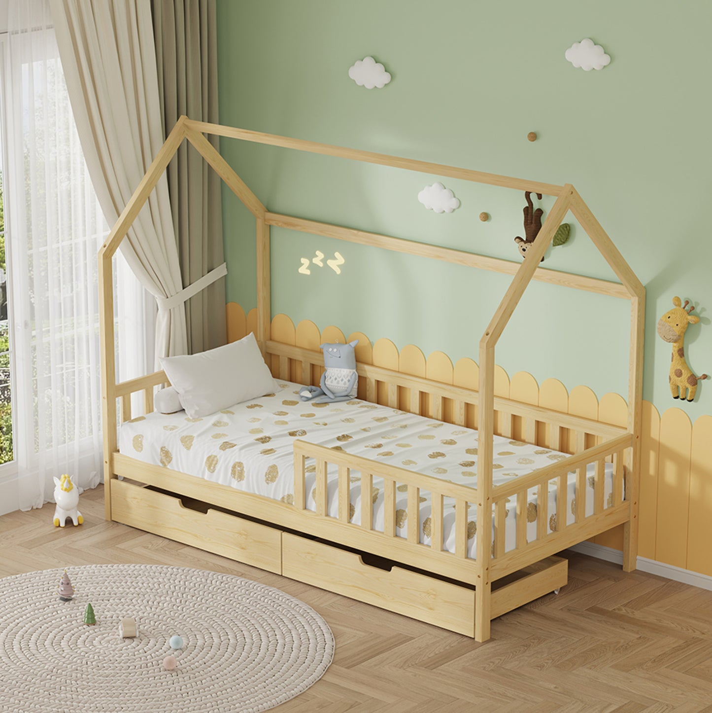 BED WITH DRAWERS PHYLLIS HM21324 PINE WOOD IN NATURAL WOOD COLOR--WITH MATTRESS 90x190cm
