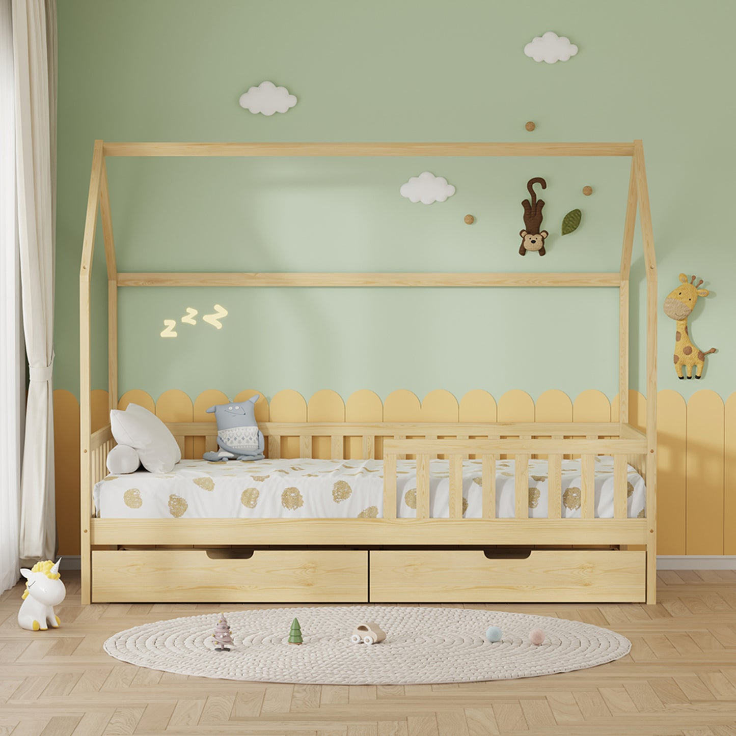 BED WITH DRAWERS PHYLLIS HM21324 PINE WOOD IN NATURAL WOOD COLOR--WITH MATTRESS 90x190cm