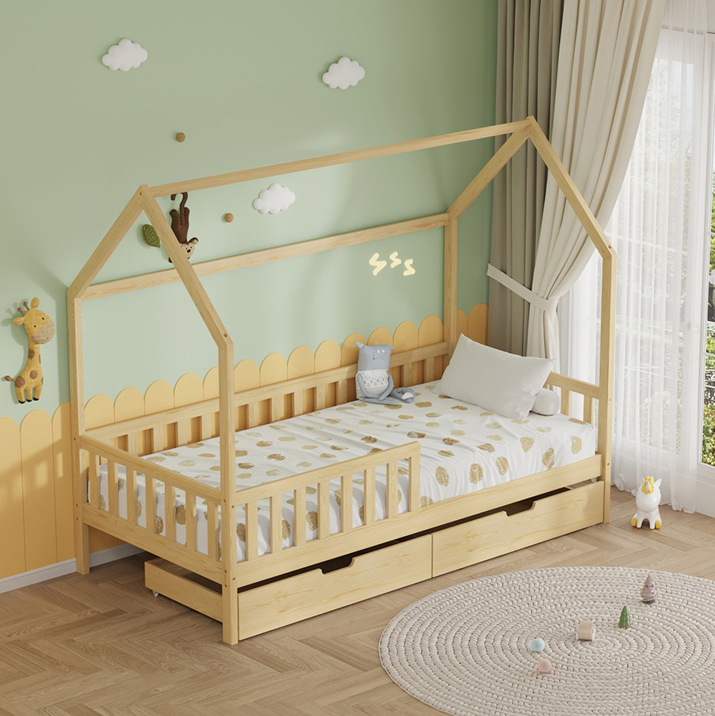 BED WITH DRAWERS PHYLLIS HM21324 PINE WOOD IN NATURAL WOOD COLOR--WITH MATTRESS 90x190cm