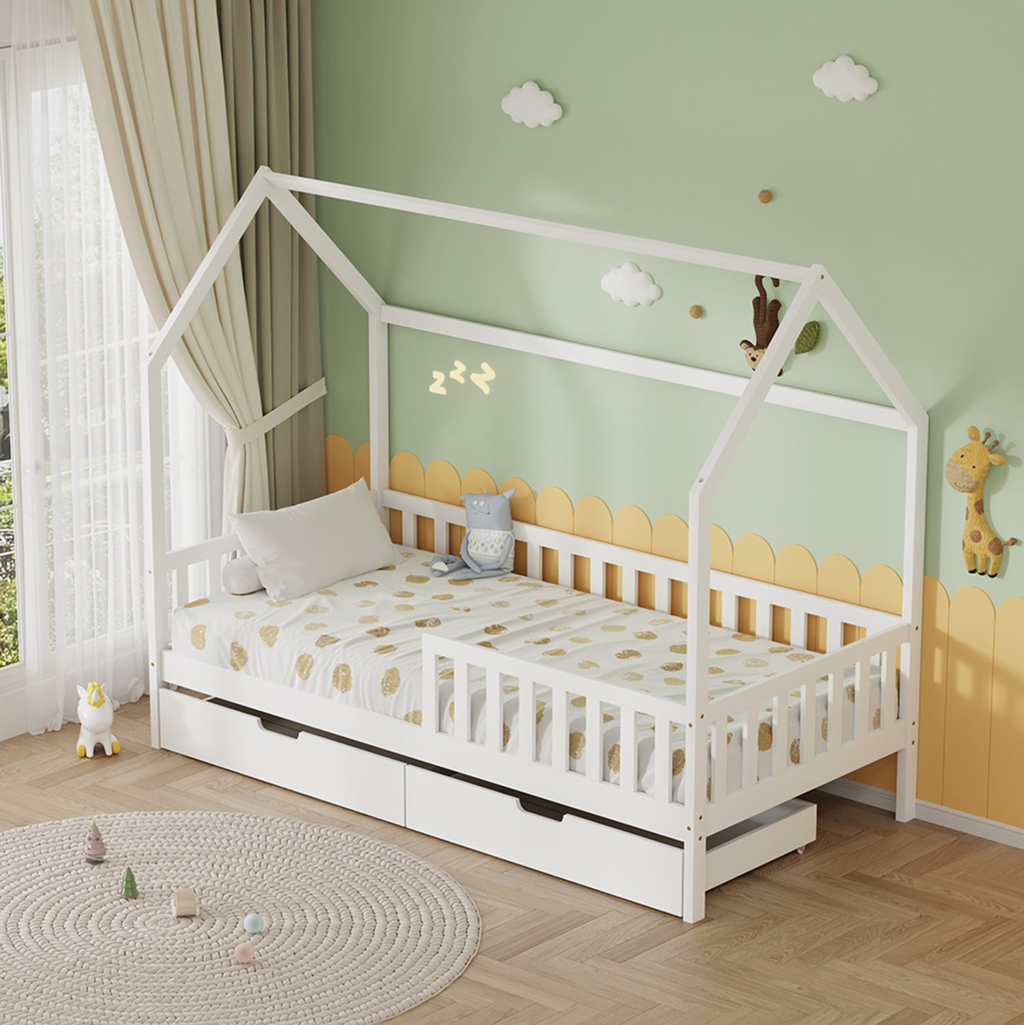 BED WITH DRAWERS PHYLLIS HM21324.01 PINE WOOD IN WHITE--WITH MATTRESS 90x190cm