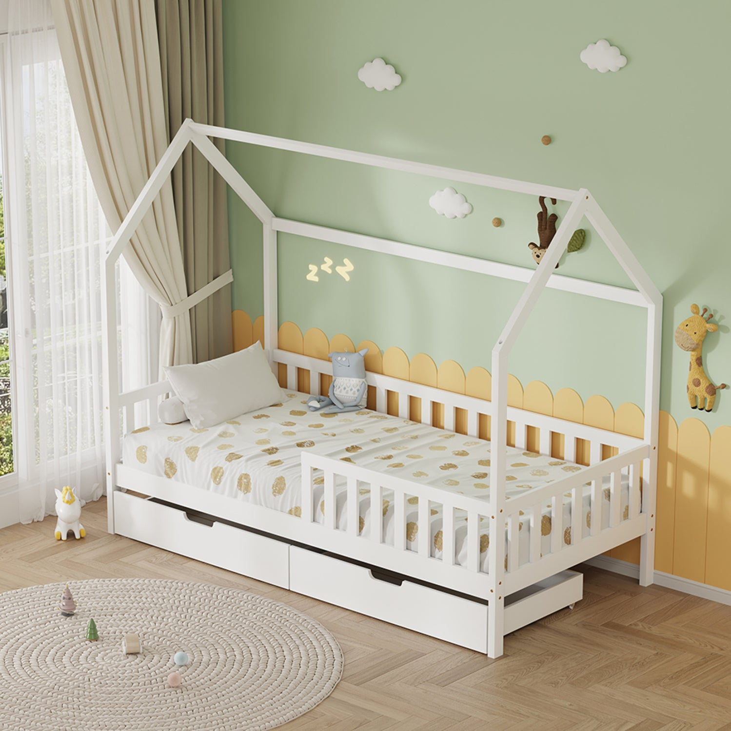 BED WITH DRAWERS PHYLLIS HM21324.01 PINE WOOD IN WHITE--WITH MATTRESS 90x190cm