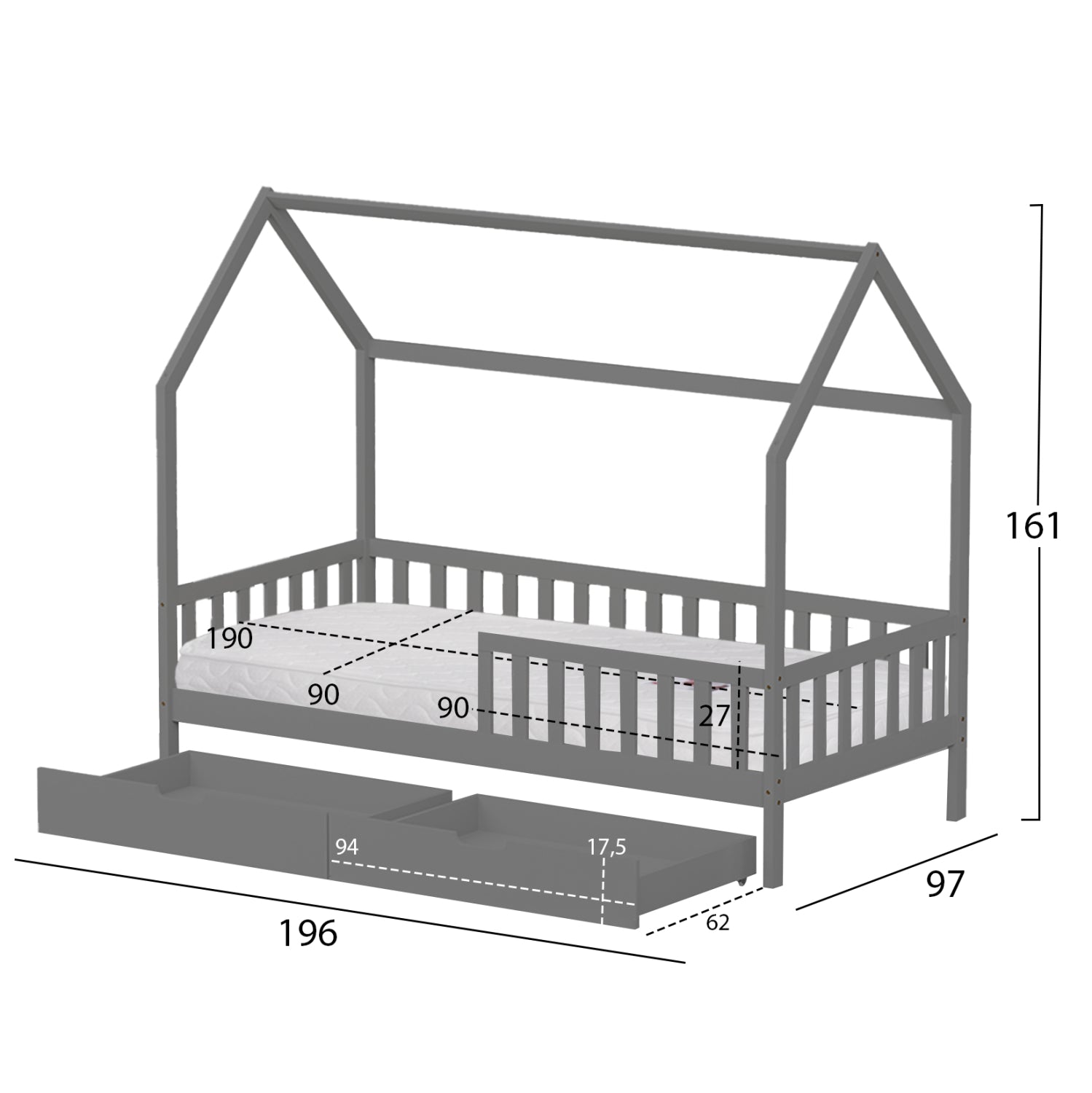 BED WITH DRAWERS PHYLLIS HM21324.02 PINE WOOD IN GREY--WITH MATTRESS 90x190cm