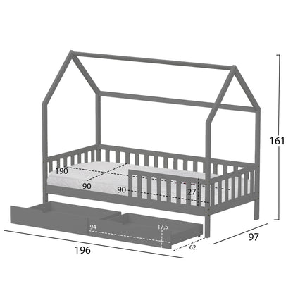 BED WITH DRAWERS PHYLLIS HM21324.02 PINE WOOD IN GREY--WITH MATTRESS 90x190cm