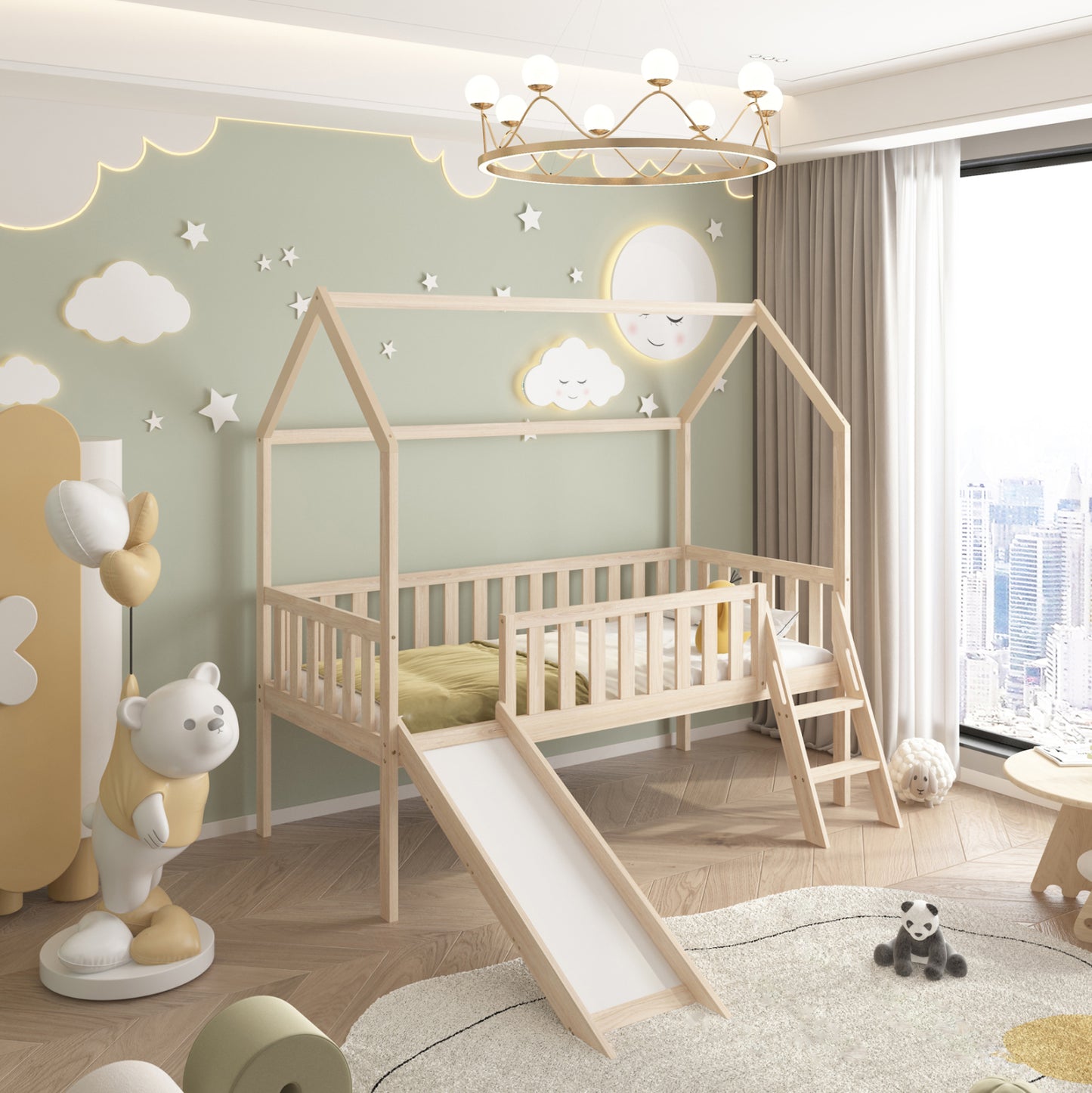 BED WITH SLIDE PHYLLIS HM21310 PINE WOOD IN NATURAL--WITH MATTRESS 90x190cm
