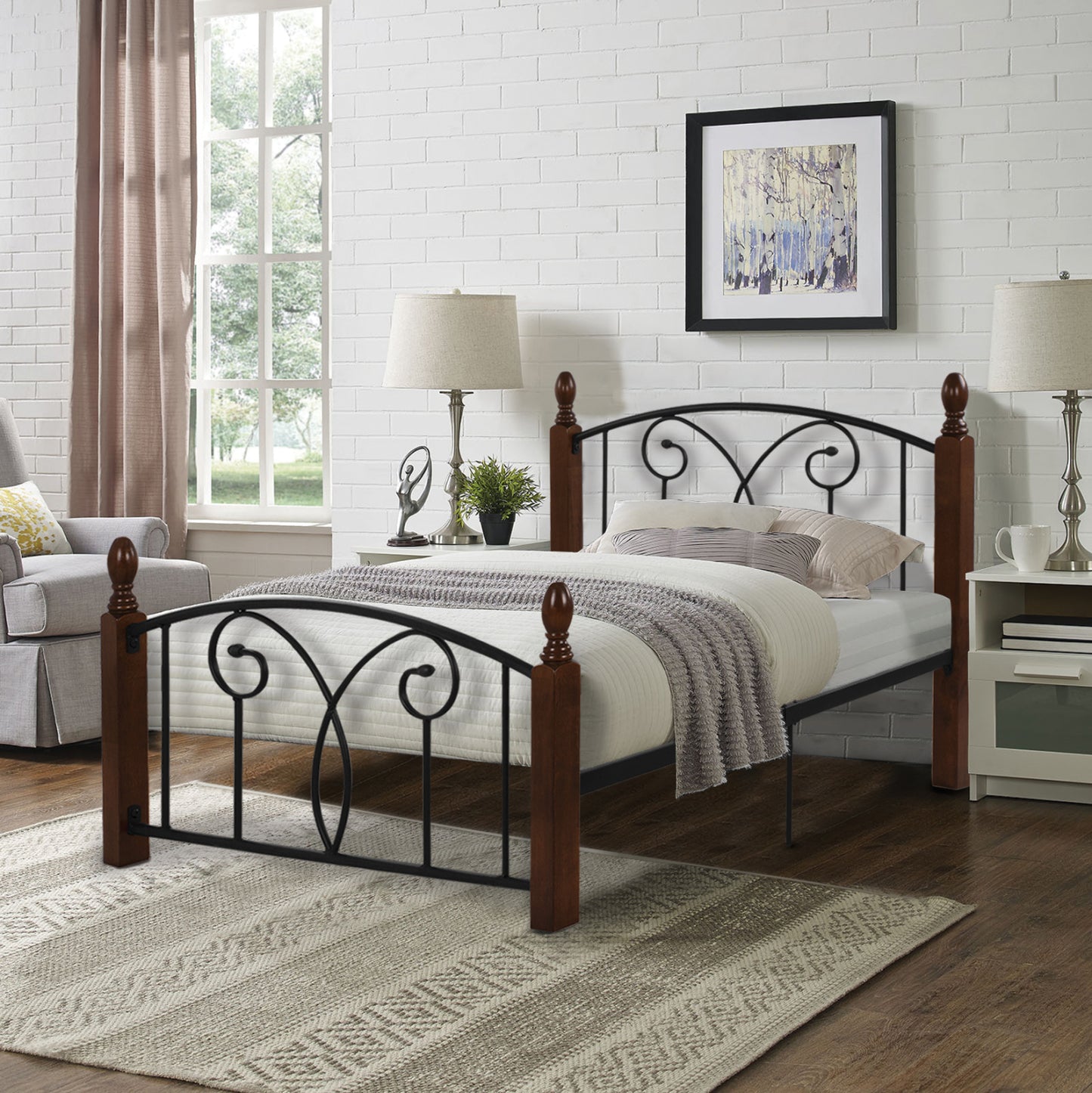 BED WITH MATTRESS SUZIE ΗΜ10800 METAL & RUBBERWOOD IN DARK WALNUT--MATTRESS 90x190cm.