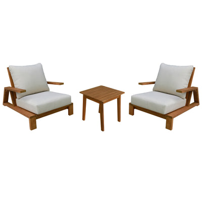 LOUNGE SET MIREX HM10893 COFFEE TABLE & 2 LOUNGE ARMCHAIRS--ACACIA WOOD-ECRU CUSHIONS