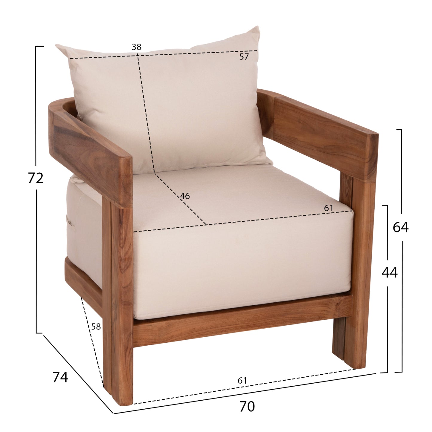 LOUNGE SET KIOTO HM10960 COFFEE TABLE & 2 LOUNGE ARMCHAIRS--TEAK WOOD-BEIGE CUSHIONS