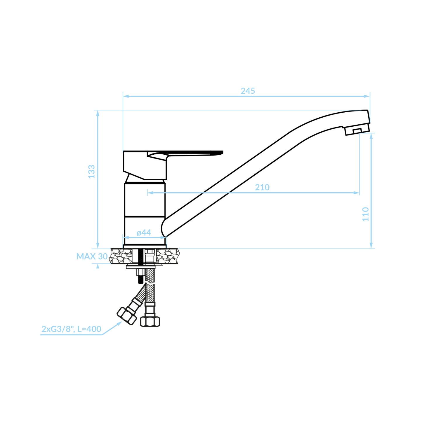 FAUCET FOR KITCHEN COUNTERTOP HM4865 LONG FAUCET SPOUT--CHROME--24.5x13.3Hcm.
