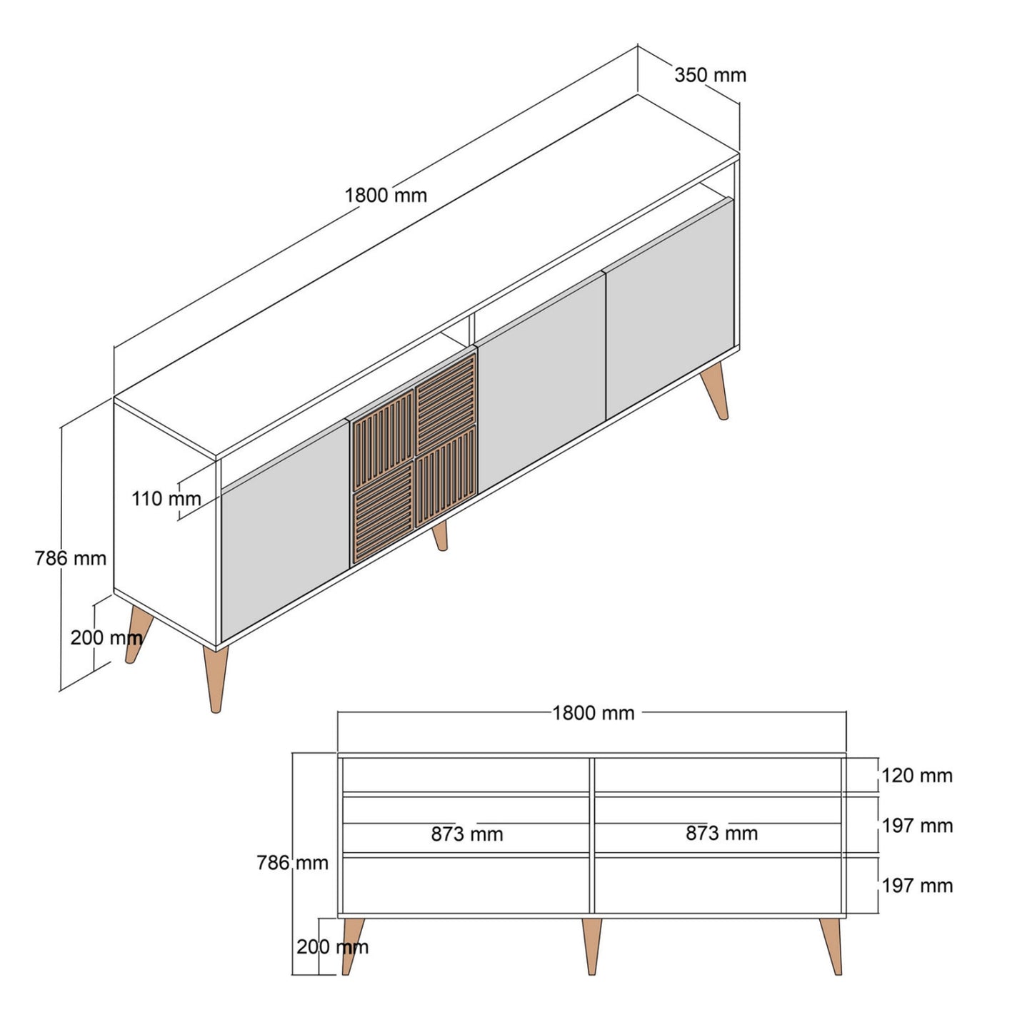 BUFFET MELAMINE IN WALNUT AND CHARCOAL GREY DOORS 180x35x78.6Hcm.HM9431.01