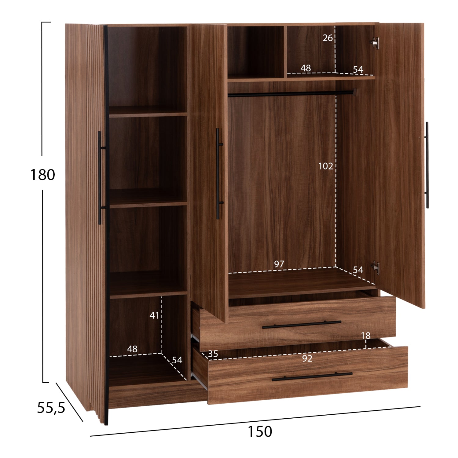 WARDROBE 3-LEAF WITH 2 DRAWERS HARRY HM18390.01 MELAMINE IN NATURAL WOOD & BLACK 150x55x180Hcm