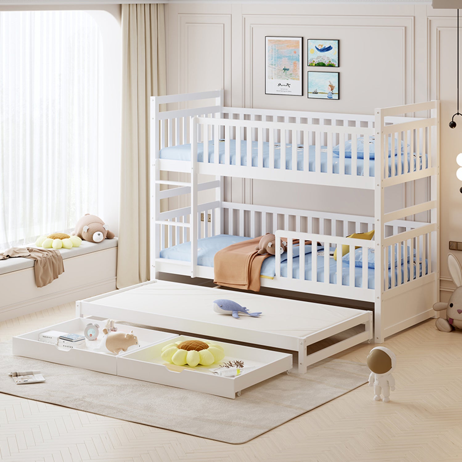 KIDS' BUNK BED WITH MATTRESSES & DRAWERS TRIPLON HM21318 PINE WOOD IN WHITE 207x97x168Hcm.